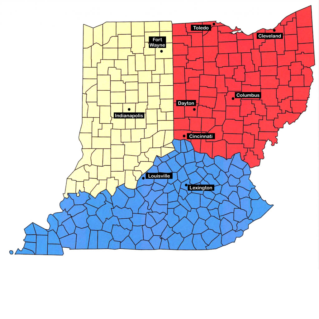 Map of Ohio, Indiana, and Kentucky